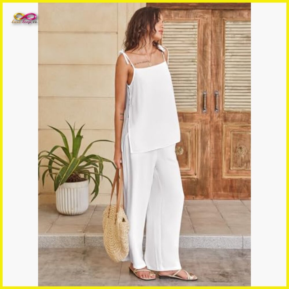 Lounge Set 2 Piece Summer Outfits Spaghetti Strap Tank Top Wide Leg Pants Travel - Picture 6 of 7